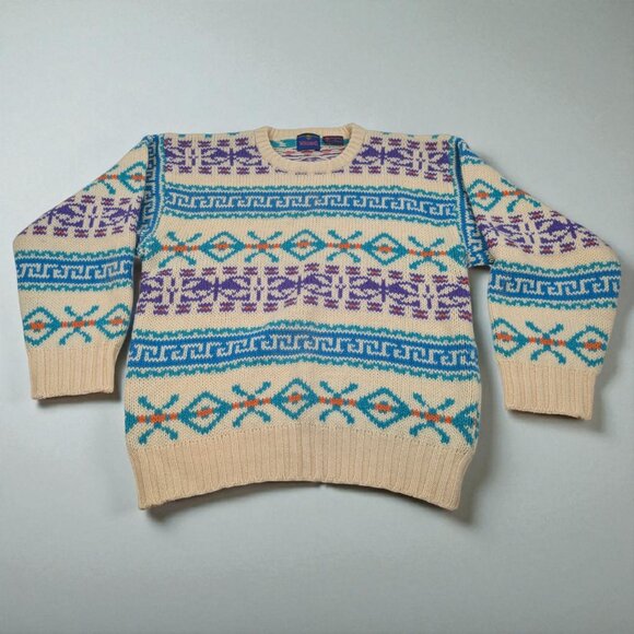 Vintage 80s 90s Woodward Abstract Pattern Sweater Mens XL 100% Shetland Wool - Picture 1 of 10